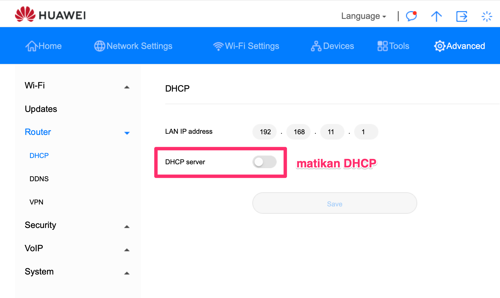 Disable DHCP Modem